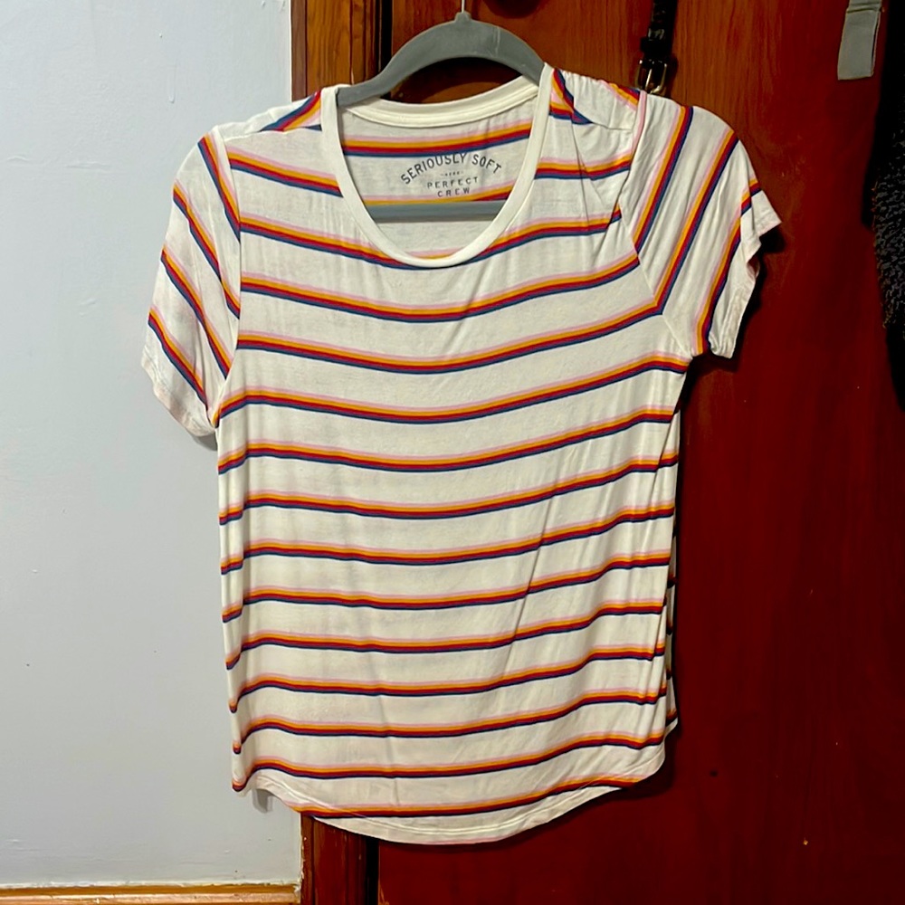 White with Navy Orange and Red Strips Tee